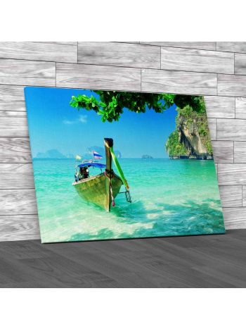 Boat on Island Seasscape Canvas Print Large Picture Wall Art