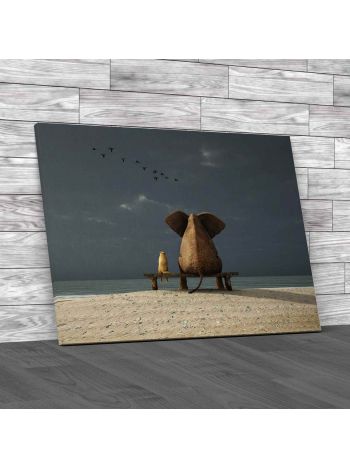 Elephant And Dog Sit On A Beach Canvas Print Large Picture Wall Art