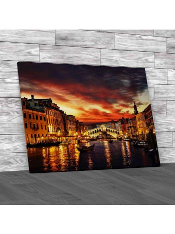 Ponte Rialto And Gondola At Sunset In Venice Canvas Print Large Picture Wall Art