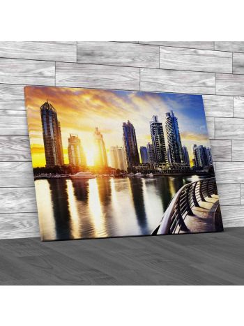 Dubai Marina At Night With Boats Canvas Print Large Picture Wall Art