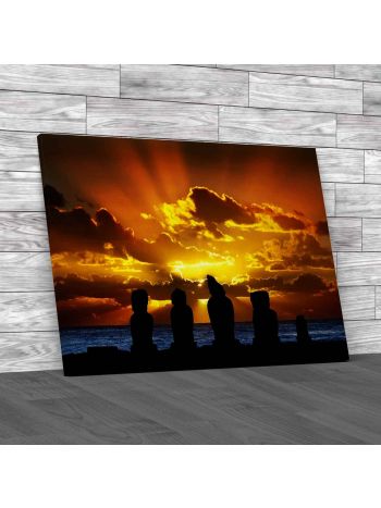 Statues At Sunset In Easter Island Canvas Print Large Picture Wall Art