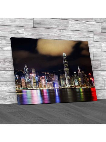 Colourful Hong Kong Skyline At Night Canvas Print Large Picture Wall Art