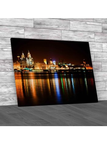 Night Time Liverpool City Reflections Canvas Print Large Picture Wall Art