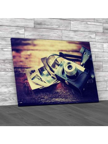 Old Camera On Vintage Wooden Boards Canvas Print Large Picture Wall Art