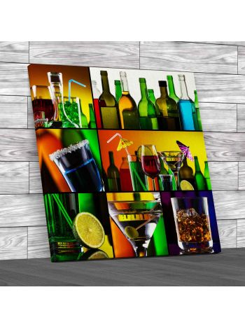 Alcohol Drinks Collage Square Canvas Print Large Picture Wall Art