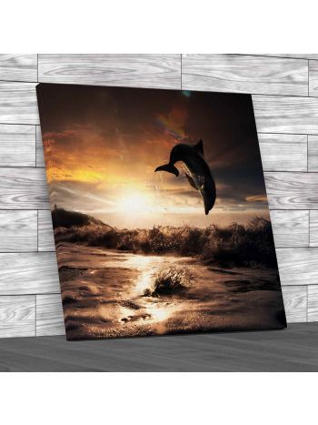 Dolphin Jumps At The Sunset Square Canvas Print Large Picture Wall Art