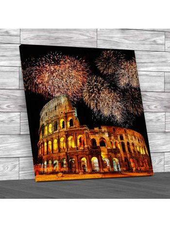 Colosseum With Fireworks Square Canvas Print Large Picture Wall Art